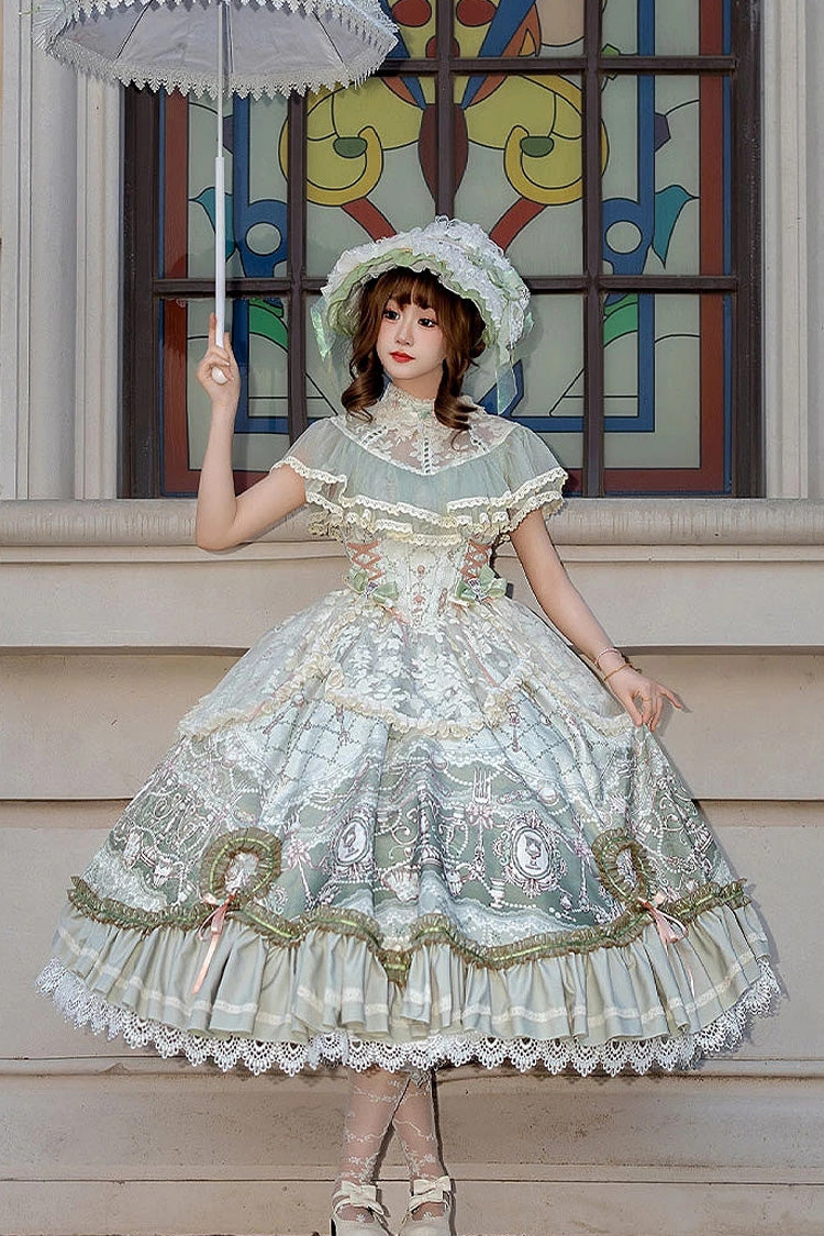 Spring Green [Cloudborne Prelude] Edwardian Collar Jacquard Printed Ruffled Bow Lace Fishbone Sweet Classic Lolita Dress - Product - 2