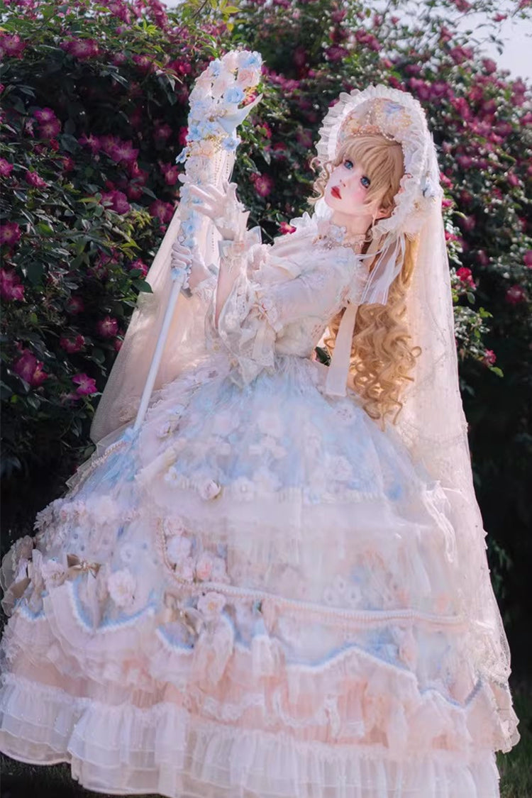 Blue/Pink [Rose Blossom Banquet] Multi-Layered Printed Ruffled Hanayome Bow Lace Sweet Plus Size Princess Gorgeous Lolita Dress - Product - 5