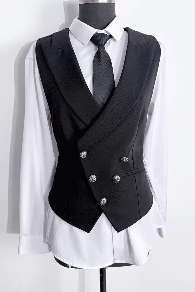 Black Sleeveless Ouji Gothic Lolita Waist-Cinching Vest with Silver Buttons - Product - 4
