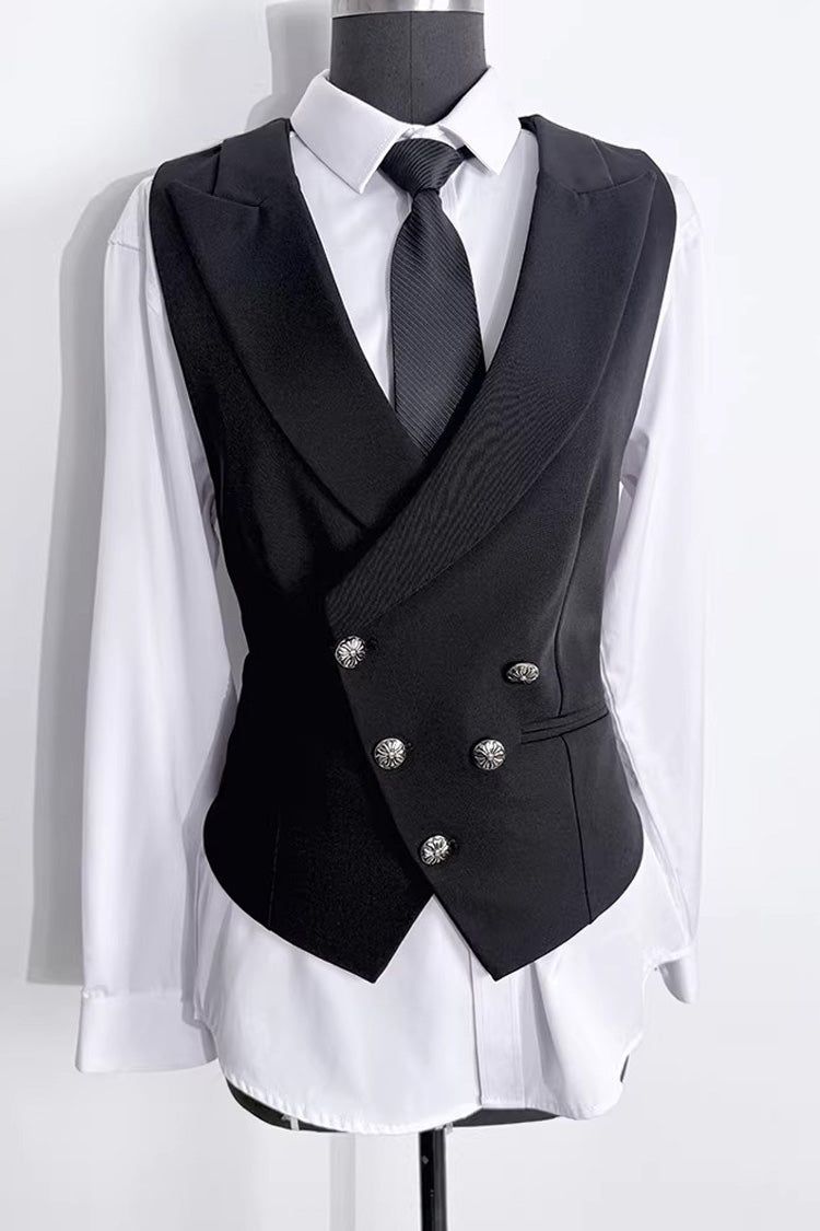 Black Sleeveless Ouji Gothic Lolita Waist-Cinching Vest with Silver Buttons - Product - 4