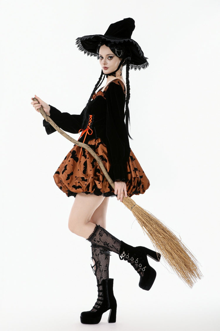 Black/Orange Square Collar Long Sleeves Bat Printed Lace-Up Women's Gothic Pumpkin Halloween Dress - Product - 6