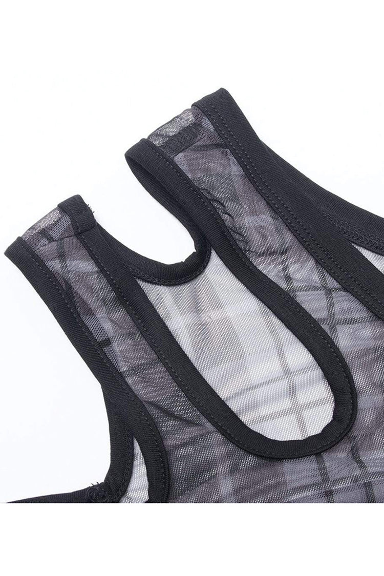 Asymmetrical Cutout Neckline Strap Design Plaid Mesh Women's Punk T-Shirt - Product - 10