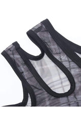 Asymmetrical Cutout Neckline Strap Design Plaid Mesh Women's Punk T-Shirt - Product - 10