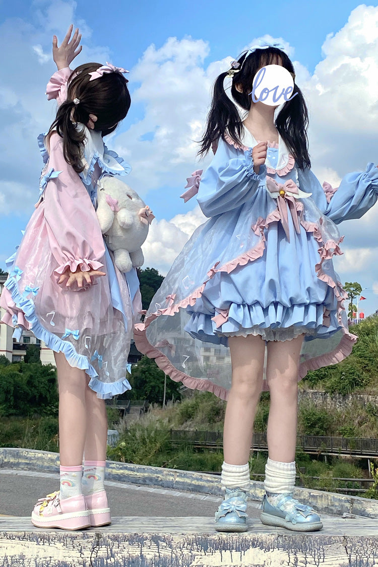 Blue Long Sleeves Music Notes Print Ruffle Bowknot Lace Sweet Lolita Dress - Product - 12