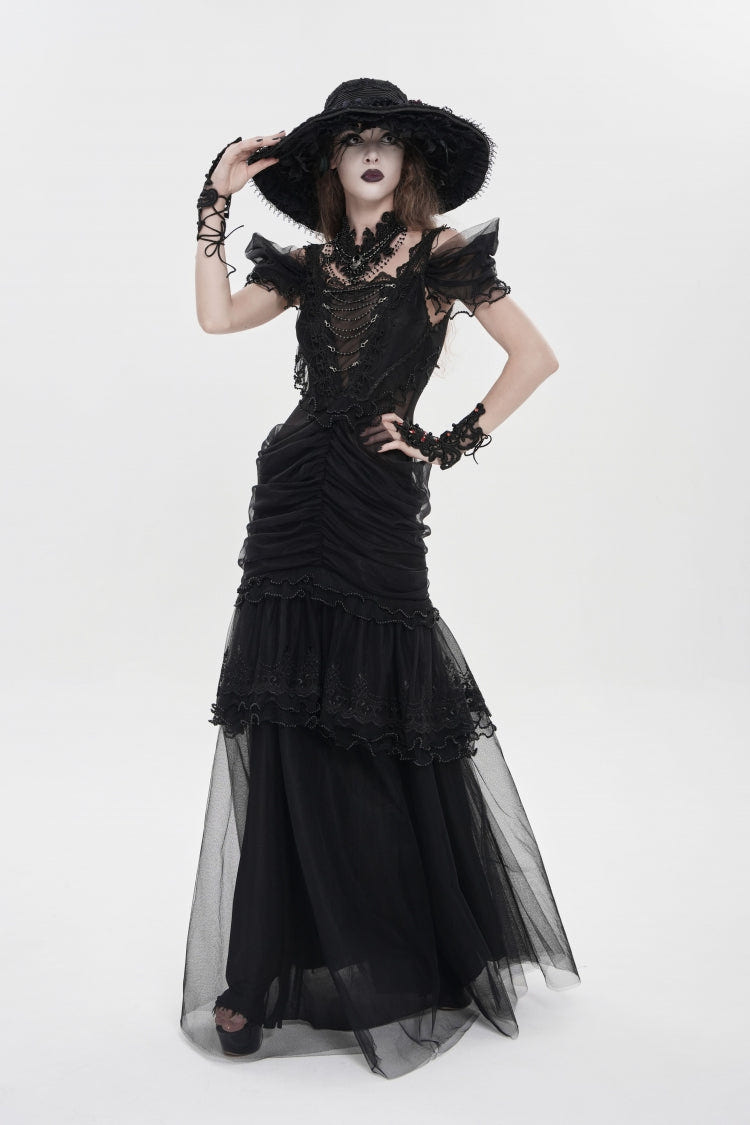 Black Off Shoulder Ruffled Cut-Out Lace Pleated Women's Gothic Dress - Product - 6