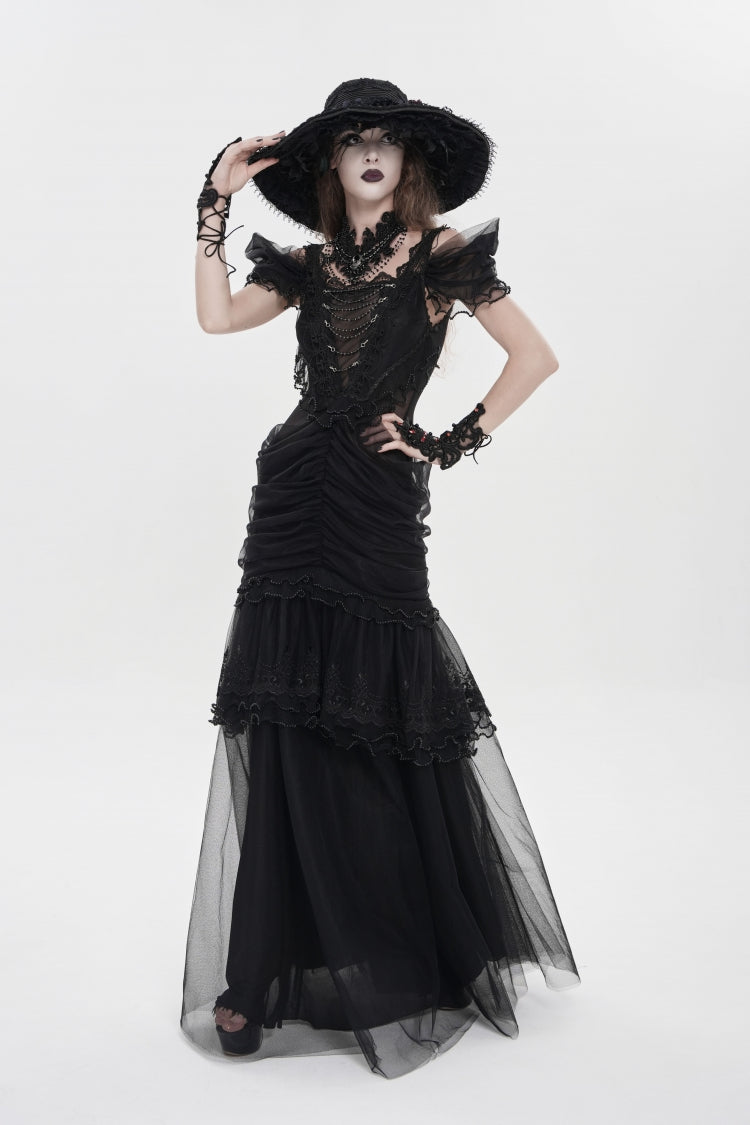 Black Off Shoulder Ruffled Cut-Out Lace Pleated Women's Gothic Dress - Product - 6
