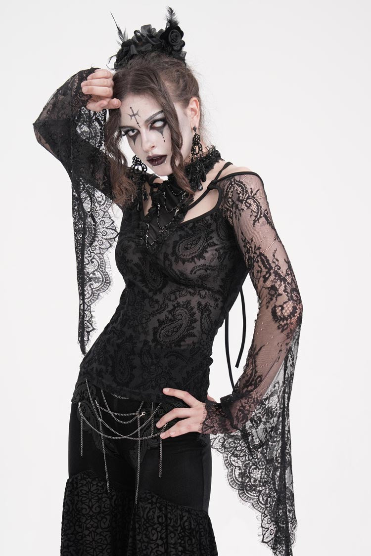Black Long Sleeves Hollow Lace Mesh Ripped Women's Gothic Blouse - Product - 8