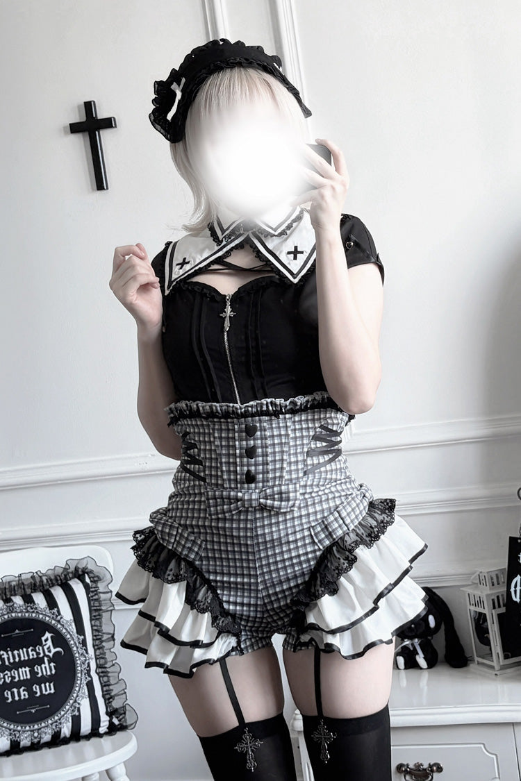 Jirai Kei Lapel Collar Short Sleeves Printed Ruffled Cut-Out Lace Sweet Japanese Knight Shorts Set 2 Colors - Product - 14