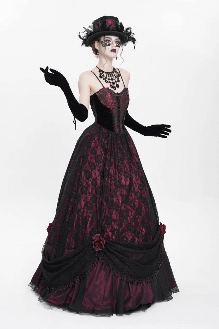 Red Jacquard Embroidery Floral Beaded Women's Gothic Long Slip Dress - Product - 6