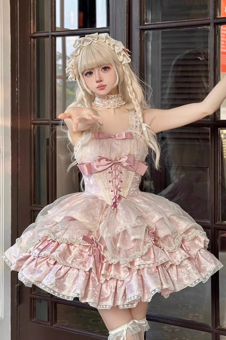 Pink Sleeveless Multi-layer Ruffle Bowknot Lace-Up Sweet Princess Lolita Jsk Dress - Pink - 1