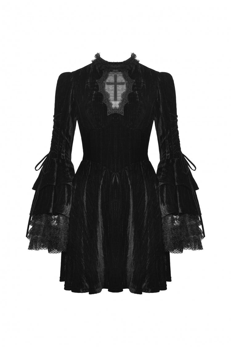 Black Women's Gothic Cross Lace Ruffled Stand Collar Long Flared Sleeves Lace-Up Velvet Dress - Product - 3