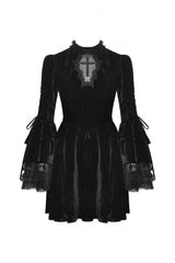 Black Women's Gothic Cross Lace Ruffled Stand Collar Long Flared Sleeves Lace-Up Velvet Dress - Product - 3