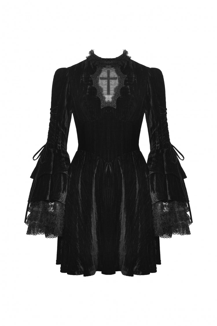 Black Women's Gothic Cross Lace Ruffled Stand Collar Long Flared Sleeves Lace-Up Velvet Dress - Product - 3