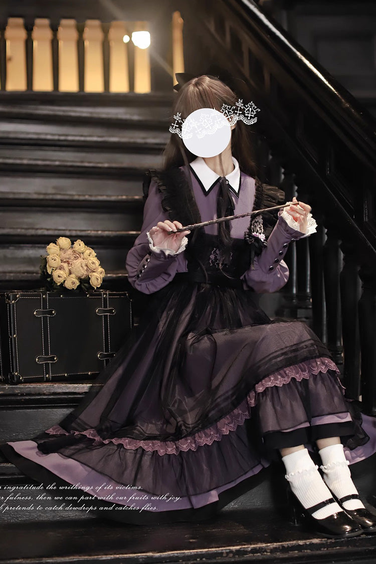 Black [Witch Academy] Double-Layered Ruffle Embroidery Bowknot Mesh Sweet Elegant Lolita Jumper Dress - Product - 9