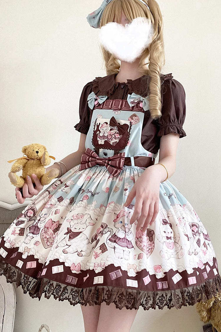 Chocolate Rosette Cat Print Bowknot Stitching Lace Sweet Lolita Jsk Dress 4 Colors - Product - 14