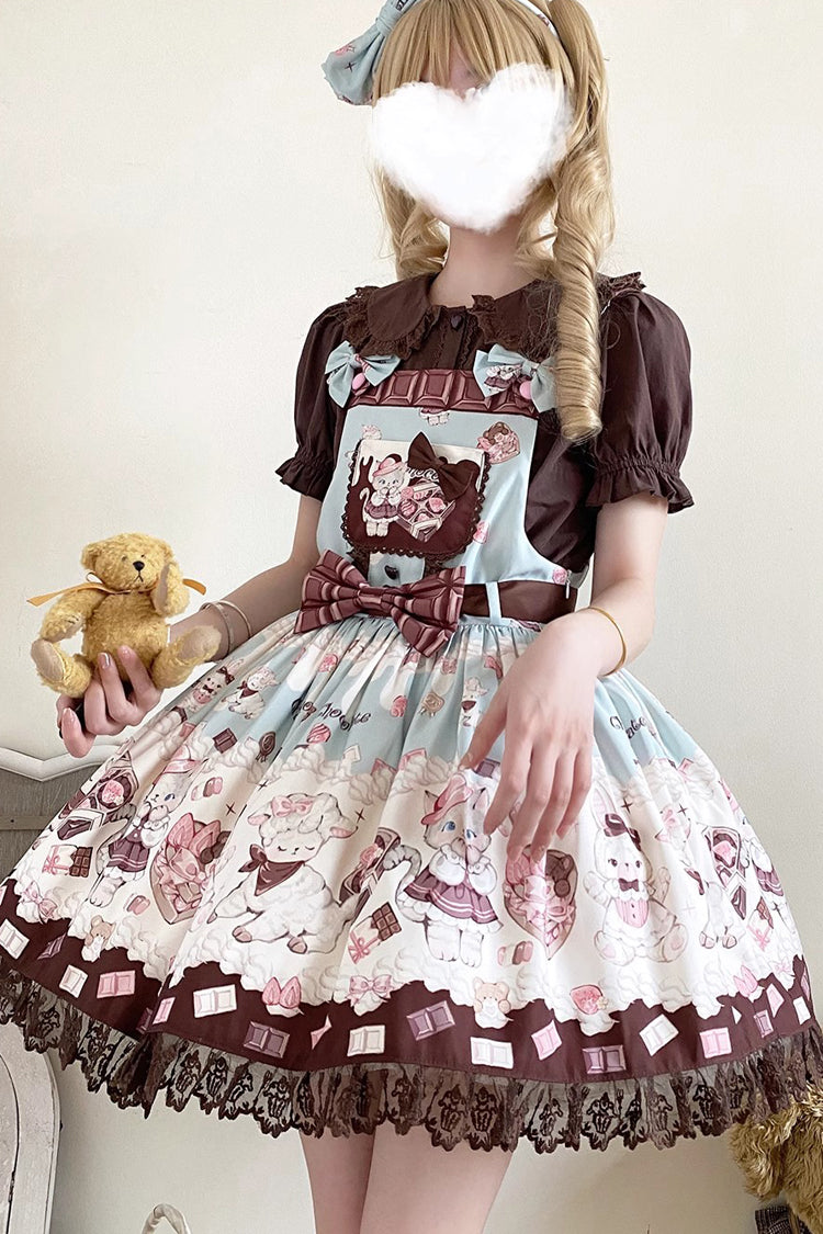 Chocolate Rosette Cat Print Bowknot Stitching Lace Sweet Lolita Jsk Dress 4 Colors - Product - 14