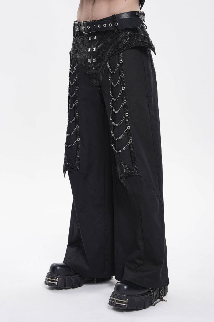 Black Spliced Studded Zippered Chain-Decorated Men's Punk Cool Pants - Product - 8