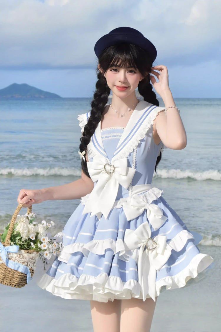 Light Blue Navy Style Sleeveless Double Layer Ruffle Bowknot Lace Sweet Lolita Dress - Blue - 1