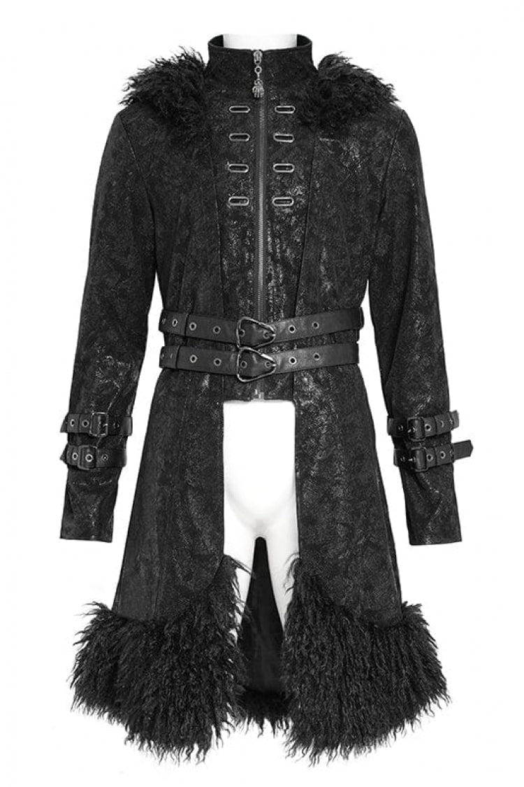 Black Stand Collar Long Sleeves Lace-Up Slim  Zippered Men's Punk Coat with Detachable Belt - Product - 4