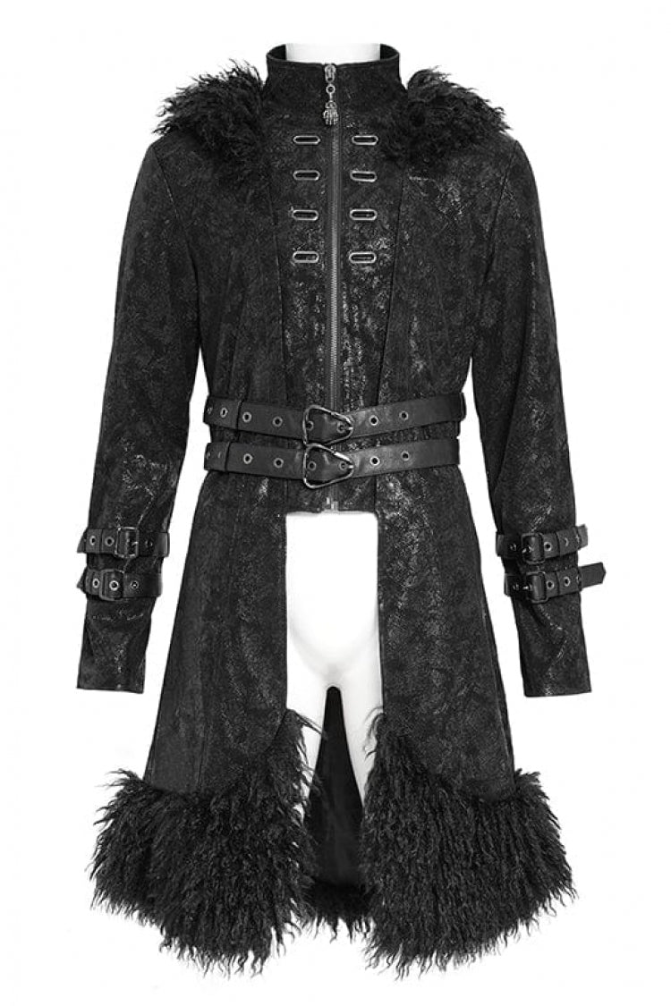 Black Stand Collar Long Sleeves Lace-Up Slim  Zippered Men's Punk Coat with Detachable Belt - Product - 4