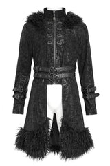 Black Stand Collar Long Sleeves Lace-Up Slim  Zippered Men's Punk Coat with Detachable Belt - Product - 4