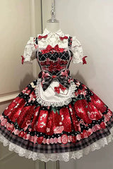 [Dream to Strawberry] Print Ruffle Bowknot Lace Sweet Lolita Jsk Dress 4 Colors - Black/Red - 10
