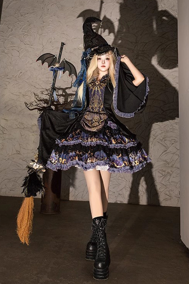 Black [Astrology Cat] Long Sleeves Double-Layered Print Ruffle Lace Gothic Lolita Dress - Product - 9
