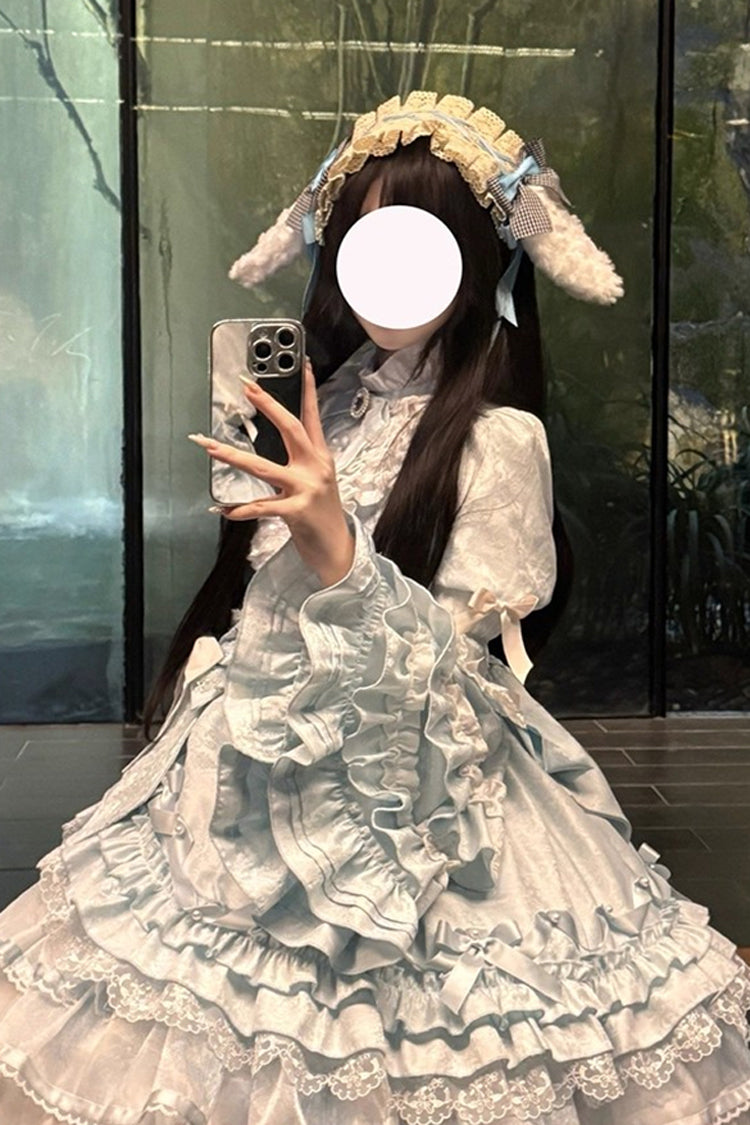 Blue [The Soloist Doll] Long Hime Sleeves Multi-Layered Print Ruffle Bowknot Asymmetric Sweet Lolita Dress - Product - 4