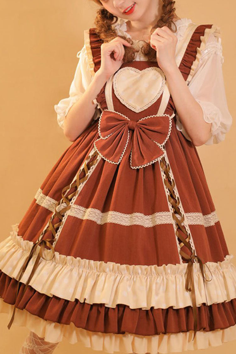 Love Plaid Polka Point Big Bowknot Sweet Lolita Suspender Dress - brown - 1
