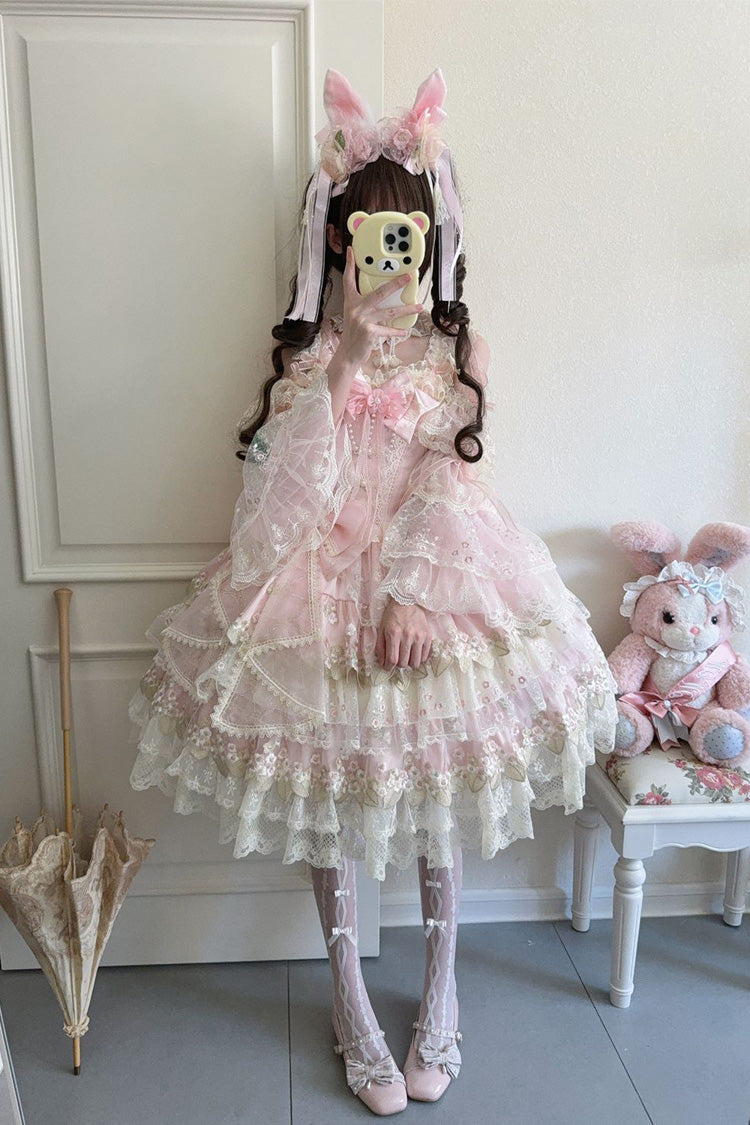 Pink [Falling Flowers in the Rain] Sleeveless Ruffle Embroidery Bowknot Sweet Chinese Style Lolita Jsk Dress - Product - 4