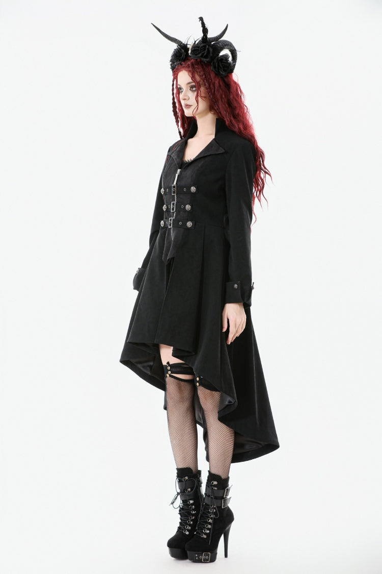 Black Lapel Collar Long Sleeves Lace-Up Irregular Bouble-breasted Buckle-up Women's Gothic Coat - Product - 10