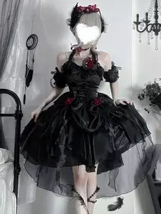 Ruffle Bow Fairy Gothic Hime Lolita JSK with Oversleeves – 5 Colors front view