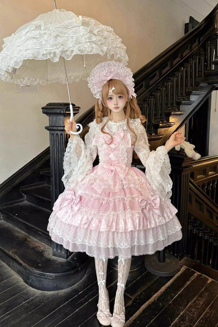 Pink [Dream-Sinking Pearl Veil] Doll-Style Sleeveless Multi-Layered Ruffled Bow Lace Daily Sweet Lolita Dress - Product - 2
