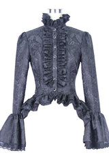Black Trumpet Sleeves Lace Ruffled Vintage Print Womens Gothic Blouse - Product - 4
