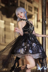 Blue [Deep Sea Jellyfish] Halterneck Sleeveless Print Embroidery Bowknot Lace Sweet Elegant Lolita Jsk Dress - Product - 2