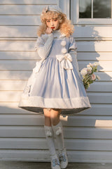Blue Square Collar Short Sleeves Waist Bow Winter Star Sweet Lolita Dress - Product - 2