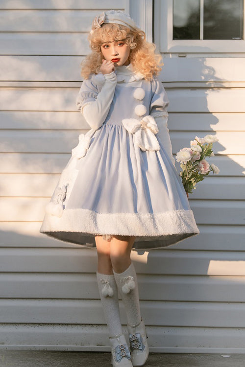 Blue Square Collar Short Sleeves Waist Bow Winter Star Sweet Lolita Dress - Product - 2