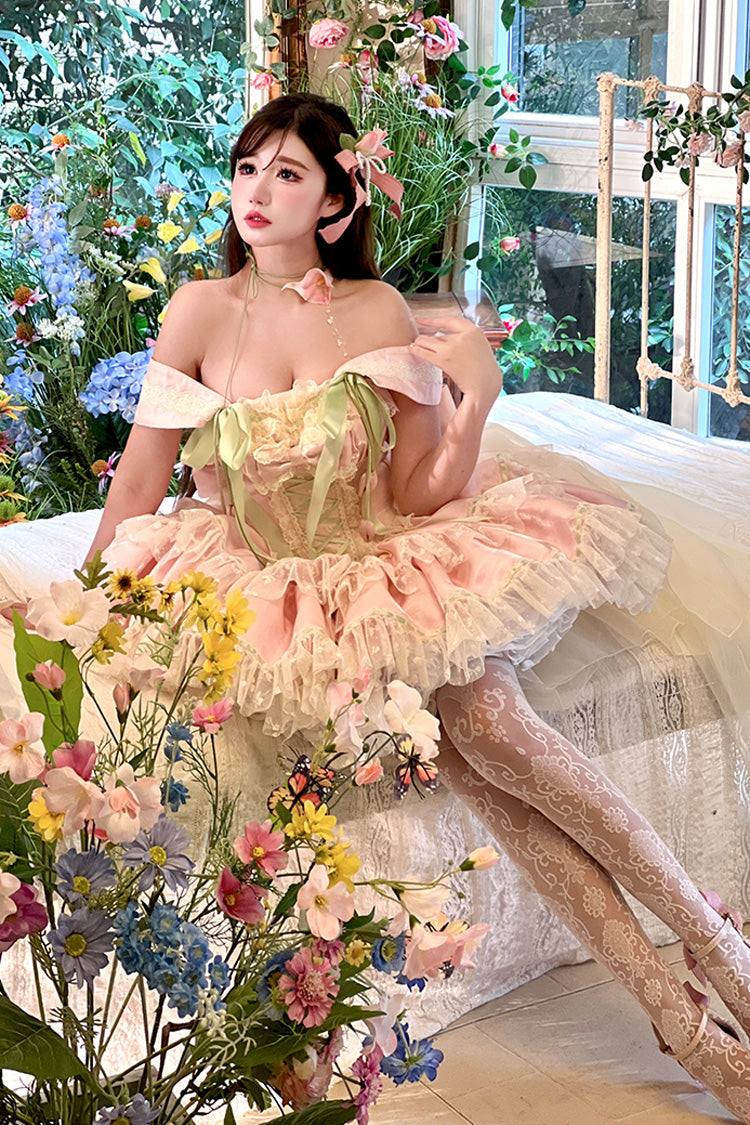 Pink [Tulip Love Song] Boat Neck Double-Layered Ruffle Bowknot Lace Lace-Up Romantic Sweet Princess Lolita Dress - Product - 14