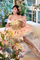 Pink [Tulip Love Song] Boat Neck Double-Layered Ruffle Bowknot Lace Lace-Up Romantic Sweet Princess Lolita Dress - Product - 14