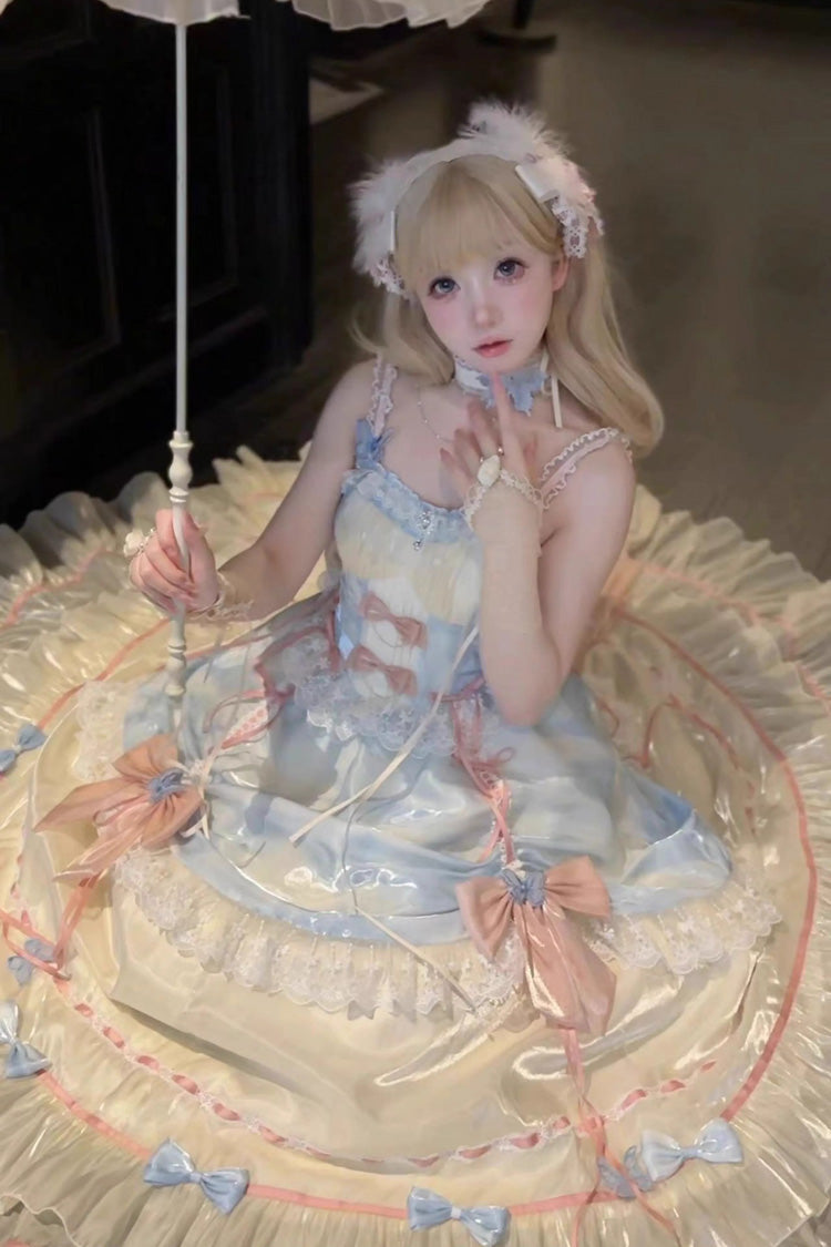 Apricot/Blue/Pink Multi-layer Ruffle Hanayome Bowknot Sweet Princess Gorgeous Long Lolita Jsk Dress - Product - 3