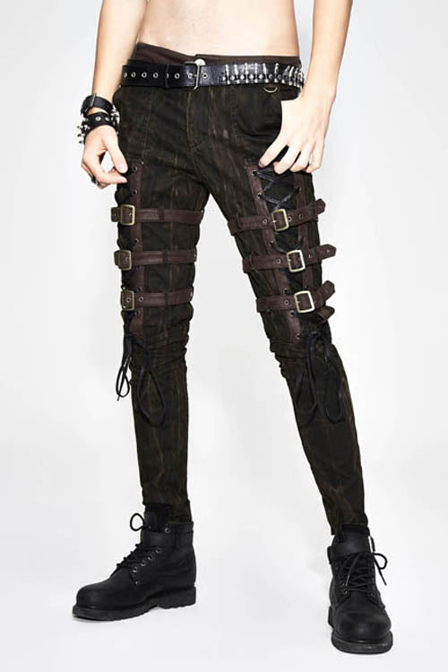 Brown Steampunk Multi Loops Embroider Lace Up Mens Pants - Brown - 1