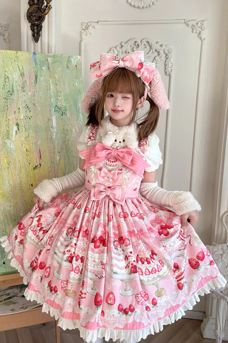 Pink [Strawberry Cake] Printed Ruffled Bow Daily Sweet Lolita Jsk Dress - Pink - 1