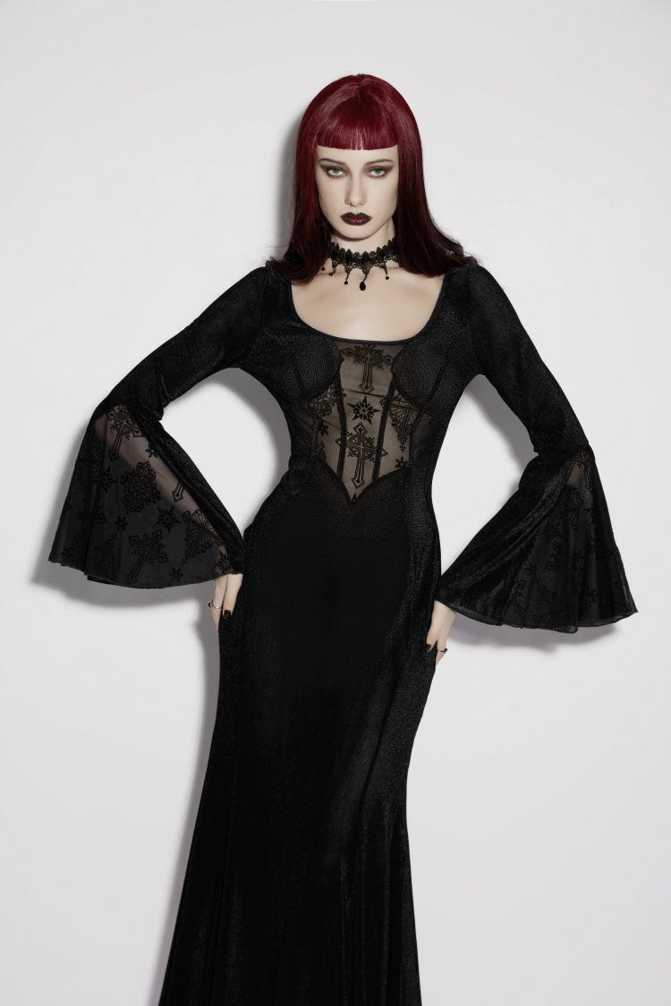 Black Round Collar Long Trumpet Sleeves Spliced Lace Lace-Up Slim Mesh Eyelet Women's Gothic Gorgeous Dress Graduation Dress - Product - 9