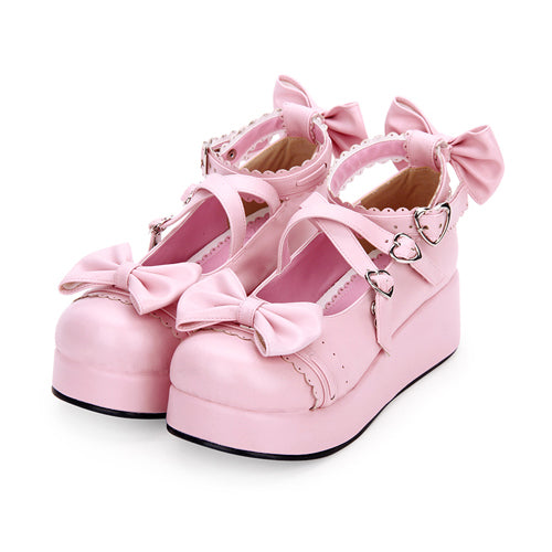 Cute Round Toe Shallow Mouth Bowknot Middle Heels Lolita Shoes - Pink - 1