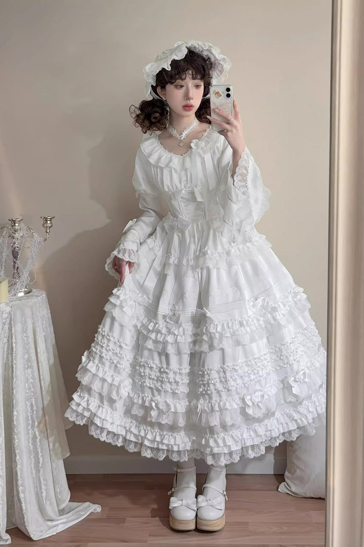 White [Layered Buttercream Frosting] Short Sleeves Ruffle Bowknot Lace Sweet Lolita Dress - Product - 6