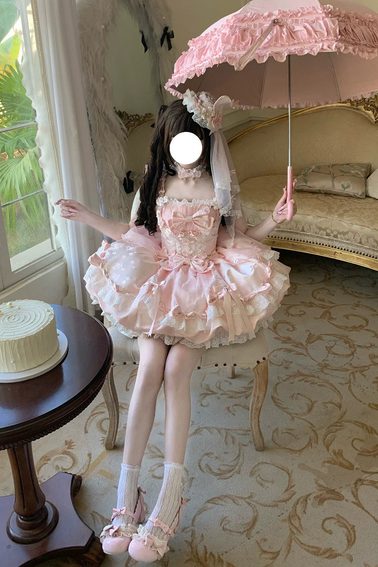Pink [Sakura Bunny Ballad] Square Collar Flutter Sleeves Jacquard Ruffled Bow Lace Sweet Elegant Luxurious Short Lolita Jsk Dress - Product - 7