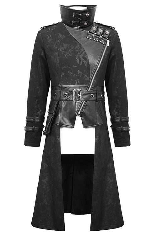 Black Open Collar Printed Belted Long Mens Punk Coat - Product - 5