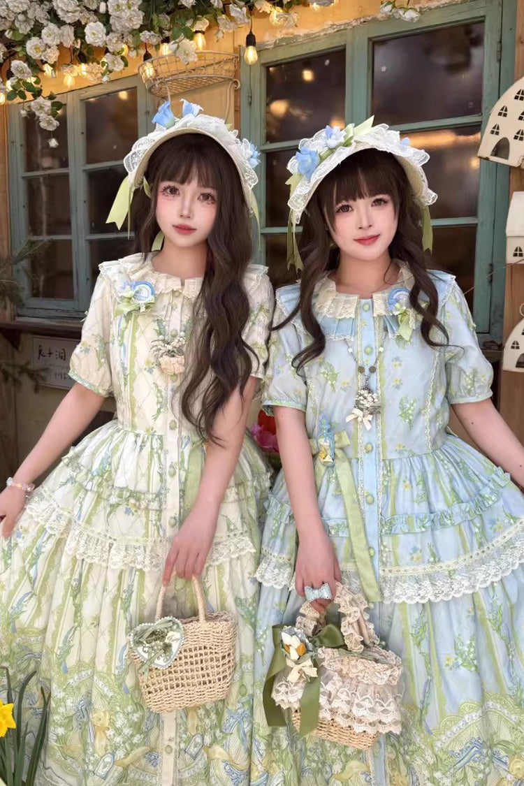 Ivory/Green [Lily of the Valley Perfume] Pearl Candy Tea Doll Collar Sleeveless Printed Lace Plus Size Sweet Lolita Jsk Dress - Product - 8