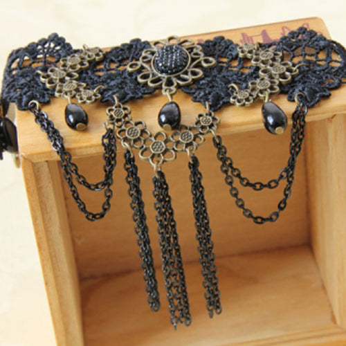 Black Retro Vampire Tassel Pearl Gothic Lolita Bracelet Lace Female Chain Armband - Product - 4