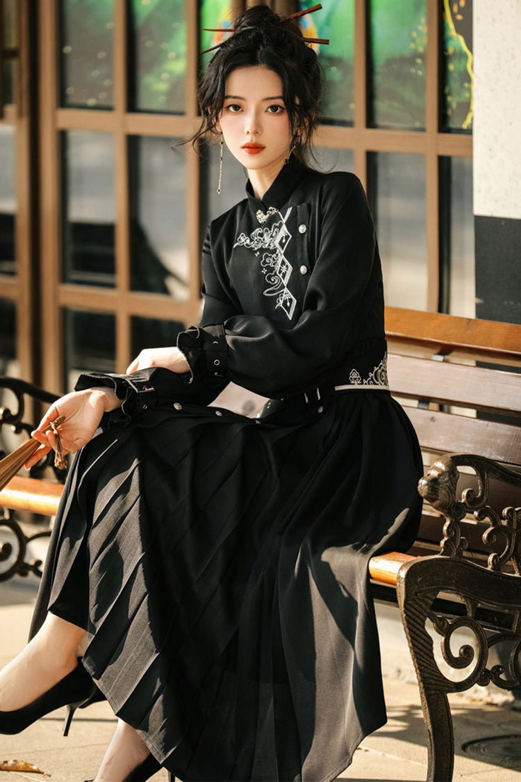 Black Mysterious Long Sleeves Chinese Style Single Breasted High Waisted Print Hanfu Dress - Product - 9